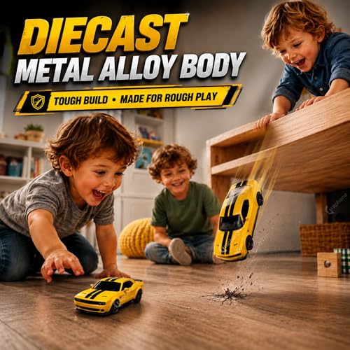 Image of GRAPHENE 1:32 Scale Challenger Style Die Cast Muscle Sports Car Toy Metal Alloy Pull Back with Openable Doors Light & Sound Miniature Pull Back Racing Vehicle for Kids Boys Girls Age+3 (Yellow)