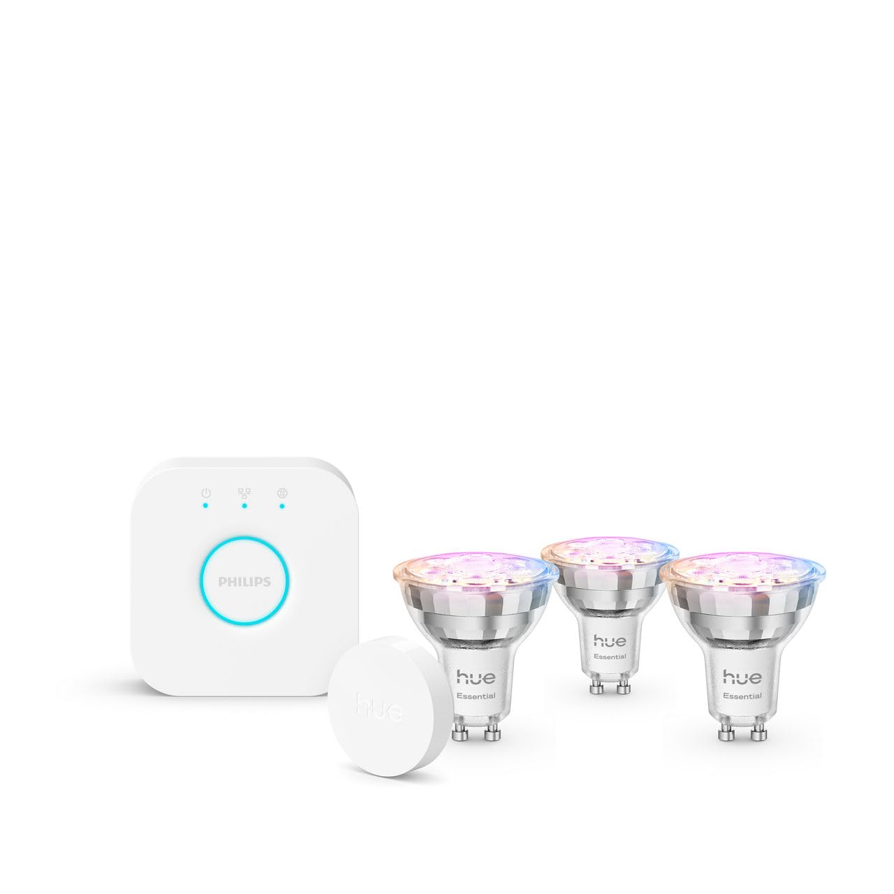 Hue Essential Kit Inicio: Hue Bridge + 3 bombillas led inteligentes GU10 + Smart button, Luz Blanca y Colores, regulable 2200-6500 K, comp. Alexa, Google Assistant, Samsung SmartThings y Apple Home