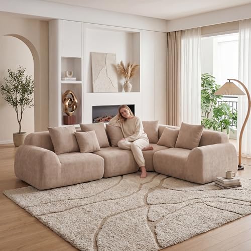 Image of KEIKI 118 inch Oversized Cloud Sectional Couches for Living Room, Velvet Curved Sectional Boneless L-Shape Chaise Sofa with Compression Memory Foam, No Assembly Modular Sofa for Family Space, Beige