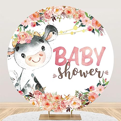 Aofoto 6.5X6.5Ft Baby Shower Banner Backdrop Farm Animal Cow Pink Floral Watercolor Flowers Wall Photography Custom Background Newborn Kid Children Birthday Party Decoration Props Photo Booth Props #TOP1