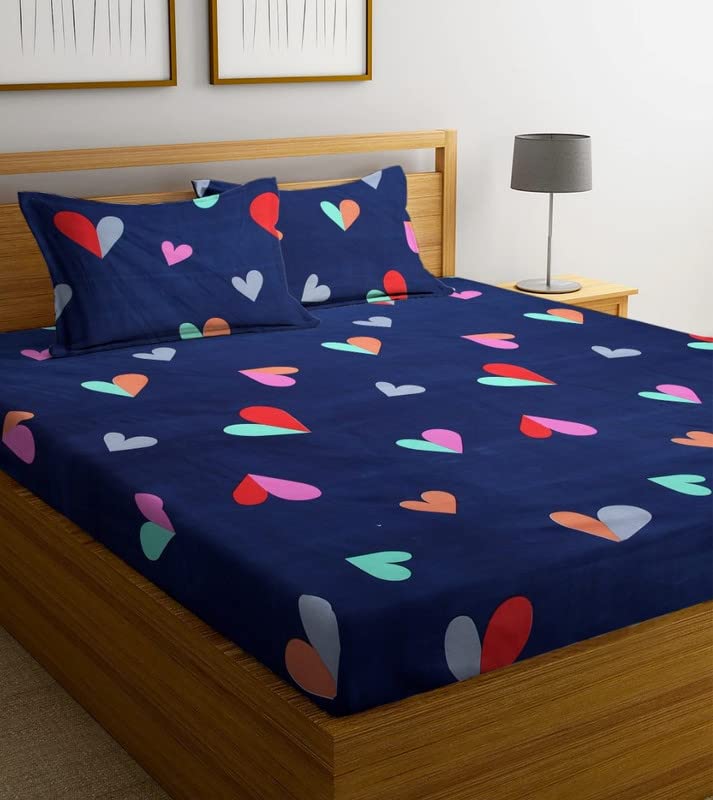 Cotton Feel Glace Cotton Elastic Fitted Printed King Size Double Bed Bedsheet with 2 Pillow Cover(72"x78", Dark Blue & Red Heart)-picture-12