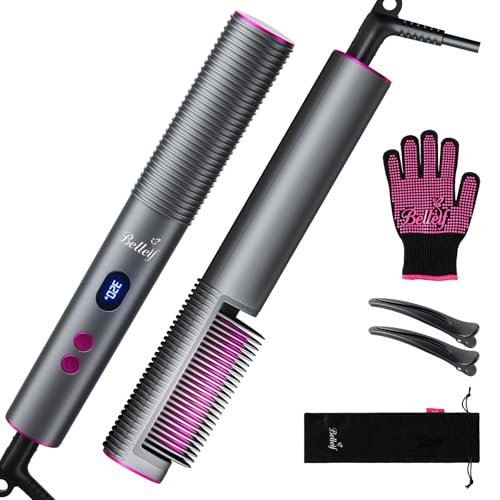 Bellelf Hair Straightener Brush, 9 Temp Settings with LED Display, 30s Fast Heating for Sleek & Smooth Hair, Dual Voltage Travel Hot Comb with 3D Brush Teeth, Portable Hair Styling Tool for Women