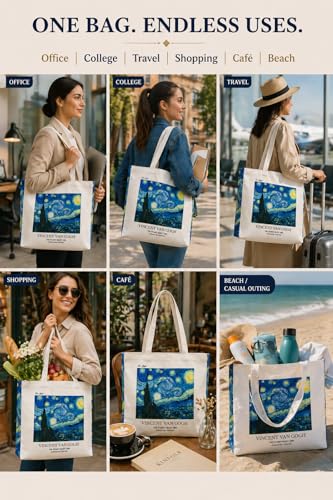 Image of Artsy Canvas Tote Bag for Women | Zipper Closure, Bottle Holder & Keychain Hook | Premium Cotton Canvas Bag for Travel, College, Office | Reusable Shopping Tote Bag Gift