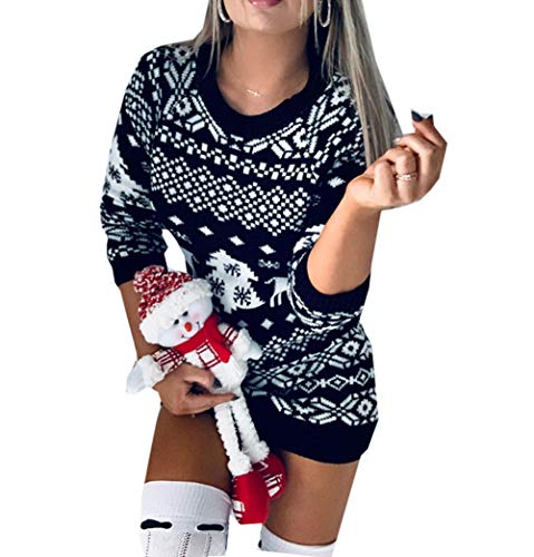 Loalirando Weihnachts-Kleid Strickkleid Damen Langarm Rundhals Pullover lang Bedruckt Hirsch und Schneeflocken, Schwarz, Large