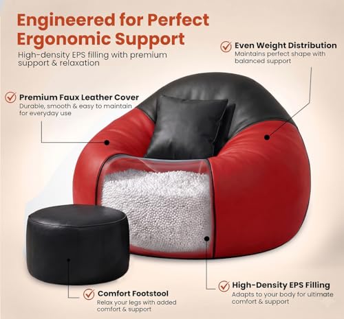Image of Sattva Classic 4XL Bean Bag Chair with Beans Filled | Faux Leather Sofa Style Bin Bags with Footstool & Cushion | Comfortable Beans Bag for Adults, Teens, Home & Office Seating (Black & Red)