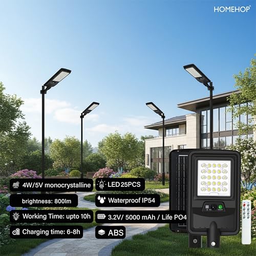 Image of Homehop Solar Light Outdoor Home Garden 50W Street Night Lamp Waterproof | Solar Street Light Outdoor Automatic Wireless Motion Sensor Security for Road, Patio, Balcony with Pole (Warm,4000mAh, ABS)