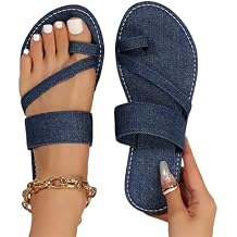 ZKXYFFS Jean Sandals for Women Denim Cute Dressy Toe Ring Strappy Slip on Slide Flat Sandal Ladies Summer Beach Flip Flops for Women