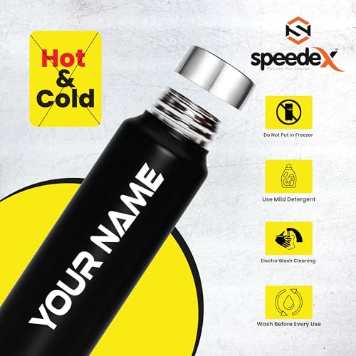 Image of Speedex Customised Stainless Steel Water Bottle 1 Ltr with Name - Personalised Engraved Screw Cap Bottle for Kids, Men & Women, School, Gym, Office Black, Set of 1