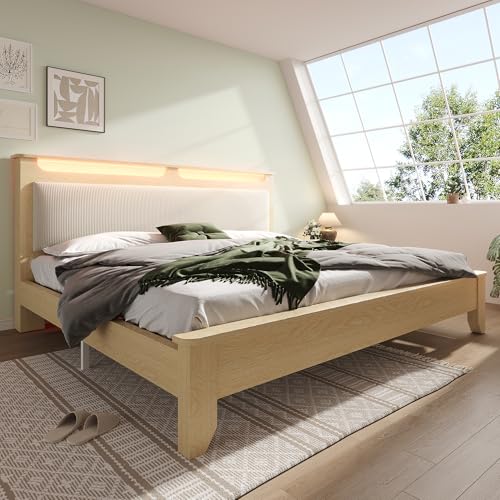 Lit double en bois 160 x 200 cm, avec tête de lit LED, espace de rangement, dossier rembourré en velours côtelé, cadre de lit avec lattes en bois, chêne...