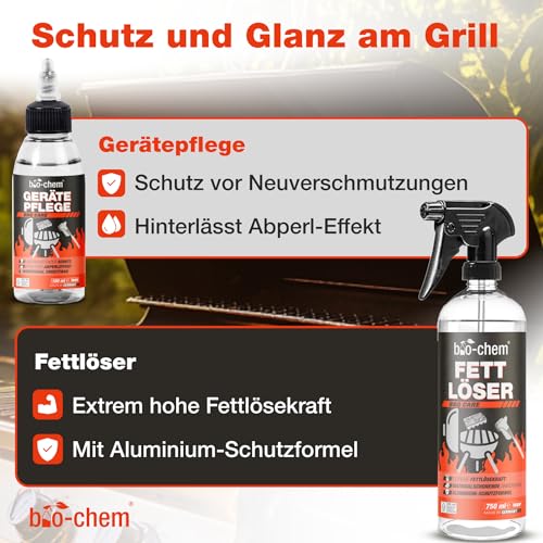 bio-chem Grill- und Backofen Reinigungsset 5-teilig - Kraftvolle Grillreiniger & Pflege inkl. Grillbürste + Grillschwamm - Für Gasgrill, Backrohr, Edelstahl, Gusseisen, Smoker u.v.m. - Made in DE