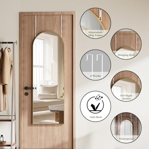 Image of BEAUTYPEAK Arched Full Length Over The Door Mirror 14 inch x 48 inch, Shatterproof Tempered Glass and Aluminum Alloy Frame, No-Drilling Hanging or Wall Mount, Full Body Mirror for Bedroom, Dorm, Gold