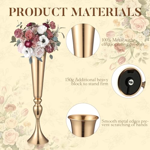 Image of 12 Pcs Tall Gold Trumpet Vases for Centerpieces & Wedding Tables - 21.65 inch Tall Gold Flower Vase Set with Weighted Base, Metal Trumpet Centerpieces for Tables (Bases para Centros de Mesa)