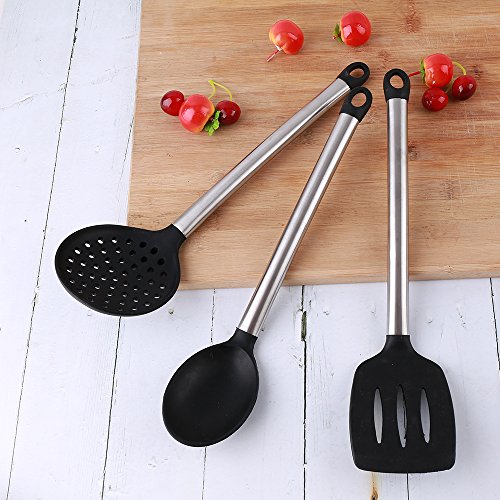 Utensilios Cocina Silicona, Bi-Komfort 8 Pcs Cocina Accesorios; Incluyen Pinzas Cocina, Tenedor Pasta, Batidor, Turner Ranurado, Cuchara para Servir, Cucharón Sopa, Colador y Espátula Flexible