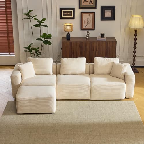Karl home Modular Cloud Couch with Ottoman 112.2\" Corduroy Sectional Sofa L-Shaped Modern Sofa Couch with Pillows for Living Room, Bedroom, Apartment, Creamy - Thumbnail 2