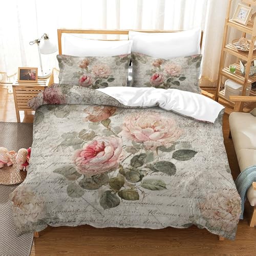 QUIRJIA Roses Vintage—Floral Romantic Style 3D Ensembles,Parure De Lit Et 2 Taies d'oreiller,Housse De Couette Double（200x200cm）