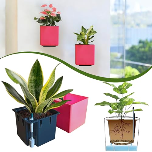 Image of Indian Discovery Self Watering Wall Hanging Planter|Hanging /Hooked Flower Pots for Home, Balcony, Vertical Garden Decor Flower Pots(2 PC, Baby Pink, Square) |6 Inch UV-Resistant Plastic Plant Pots