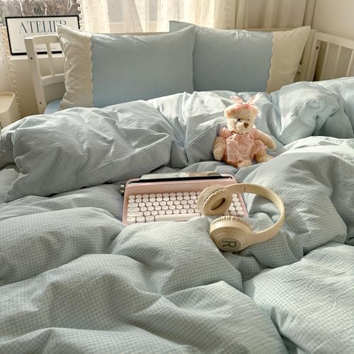 Image of VM VOUGEMARKET Blue Plaid Duvet Cover Set Queen Romantic Lace Duvet Cover with 2 Pillowcases Sky Blue Gingham Comforter Cover for Teen Girls