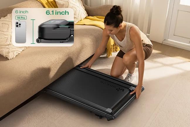 Woman sliding UREVO Foldimix 5L Treadmill under a bed for storage