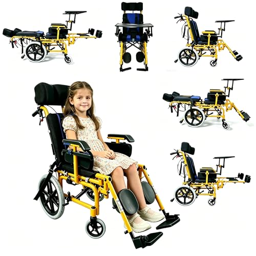 Image of Pediatric Cerebral Palsy Wheelchair - Foldable Adjustable Reclining Wheelchair for Kids,Children's Mobility Wheelchair,Ergonomic Medical Transport Chair for Children with Special Needs (Yellow)