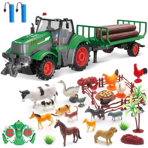 Mostop Tractor teledirigido, juego de tractor teledirigido 1/24 con camión, remolque, madera y rancho de animales, juego de 33 unidades, juguete de granja RC con 2 baterías, luz, juguete de granja