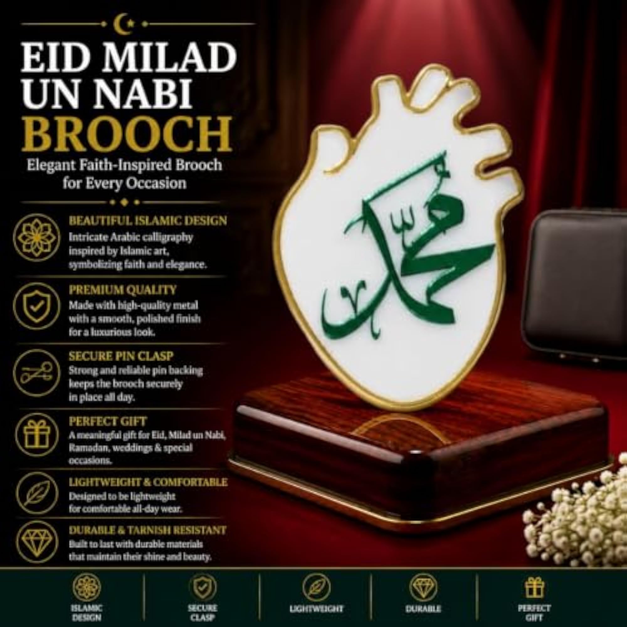 Islamic Heart-Shaped White & Gold Brooch