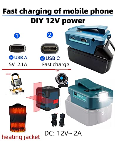 Alian For Makita Battery Adapter,For Makita Usb &Type C Charger,For Phone Type C Charger Fast Charging,Replacement For Makita 18V Power Source With Led Work Light,18V To12V Step Down #TOP2