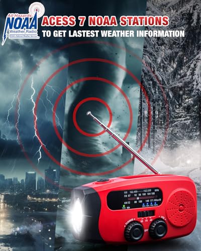 086S Hand Crank Emergency Radio - 2000mAh/7400mWh AM/FM/NOAA Solar Hand Crank Emergency Radio with 3 LED Flashlight, SOS Function for Emergencies, Camping - Red - Image 5