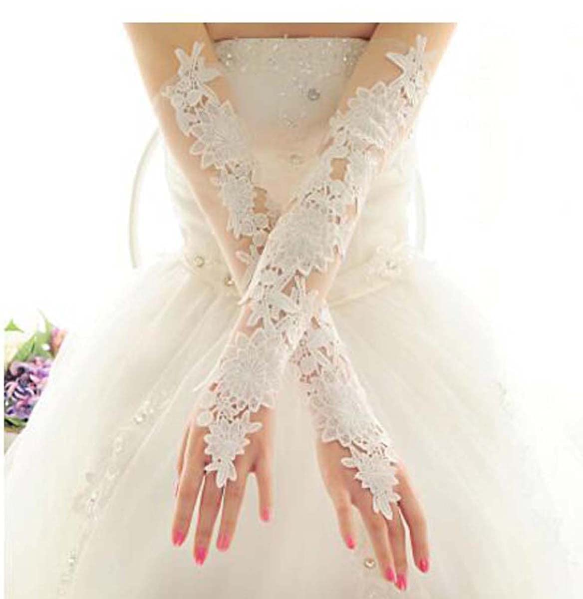 Women Bridal Long Lace Gloves, Elbow Fingerless Dress Gloves Wedding Party Prom Costume, White - Image 2