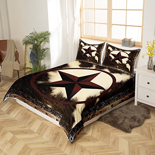 Erosebridal Highland Cow Duvet Cover For Kids Boys Girls,Farmhouse Cowhide Bedding Sets King Size,Western Texas Star Comforter Cover,Rustic Wooden Fur Bed Cover With 2 Pillow Shams Zipper&Ties #TOP1
