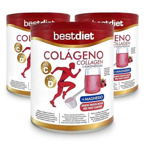Bestdiet - Colageno con Magnesio y Vitamina C y D en Polvo, Colágeno Hidrololizado para Mantenimiento de la Piel, Articular y de Cartílagos, Pack de 3 botes de 250 gramos, Sabor Frutos Rojos