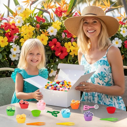 Image of EZdhuawuse Summer Sensory Bin Fillers - 304Pcs Hawaii Flower Fine Motor Toys Counting Sorting for Kids, Felt Colorful Hawaii Flower Pom Poms Cup Clip for Preschool Education Birthday Gift Party Favors