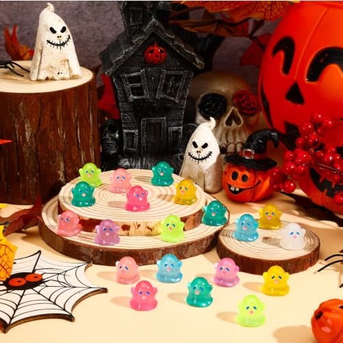 Image of JUNEBRUSHS 50 Pcs Halloween Mini Ghost, Luminous Ghost Figurines Miniature Ornaments Glow in The Dark for DIY Crafts Party Gifts Landscape Decorations