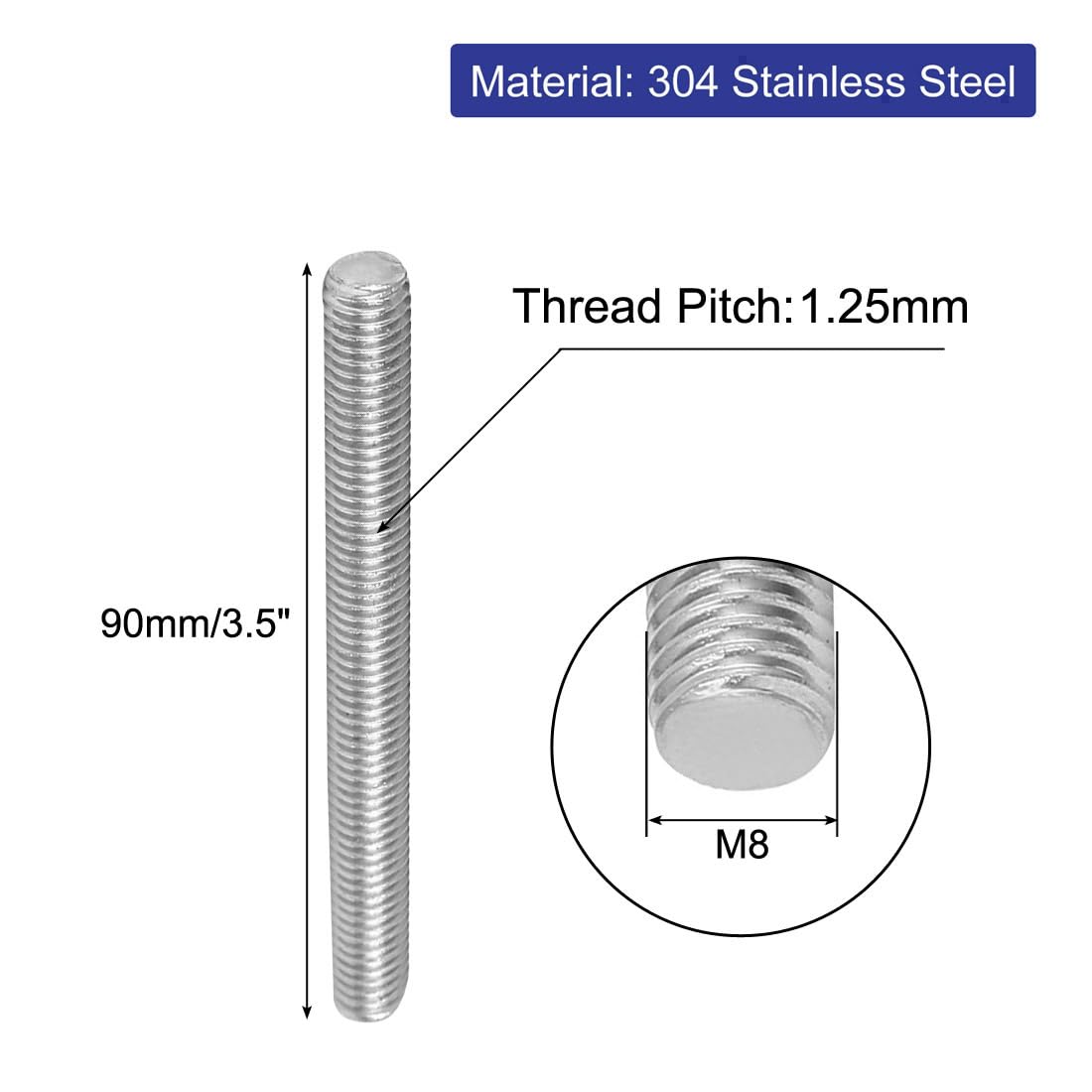 uxcell M8 x 90mm 304 Stainless Steel Fully Threaded Rods