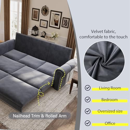 Image of Eafurn 93.7 inch King Size Pull Out Sofa Bed, 3-in-1 Convertible Sleeper Sofa Couch Bed with Nailhead Decor and Rolled Arms, Velvet Oversized Chesterfield Loveseat Chaise Lounge