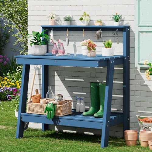 SERWALL Potting Bench Outdoor with Storage, 3-Tier HDPE Gardening...