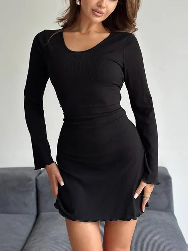 MiiVoo Minivestido casual de manga corta y larga para mujer, cuello cuadrado, elástico, entallado, para fiesta, club