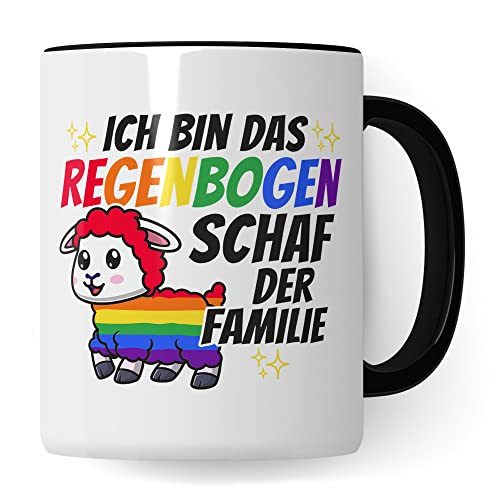 LGBTQI+ Tasse, Ich bin das Regenbogen Schaf der Familie, Gay Pride Geschenk Spruch lustig Motiv Geschenkidee Kaffeetasse outing LGBT queer schwul lesbisch Spruch (Weiß/Schwarz)