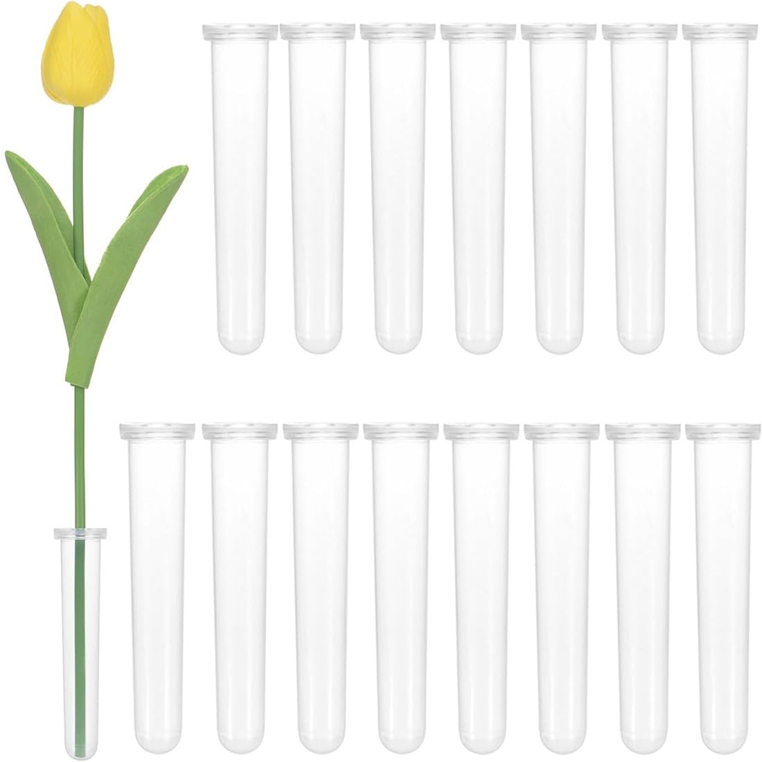 JEYORZY 15 stuks reageerbuisjes voor bloemen, 110x24mm reageerbuisvase, reageerbuisje kunststof, bloemen waterbuisjes, bloemenbuisjes met doppen voor bloemstukken bloemen planten decoratie