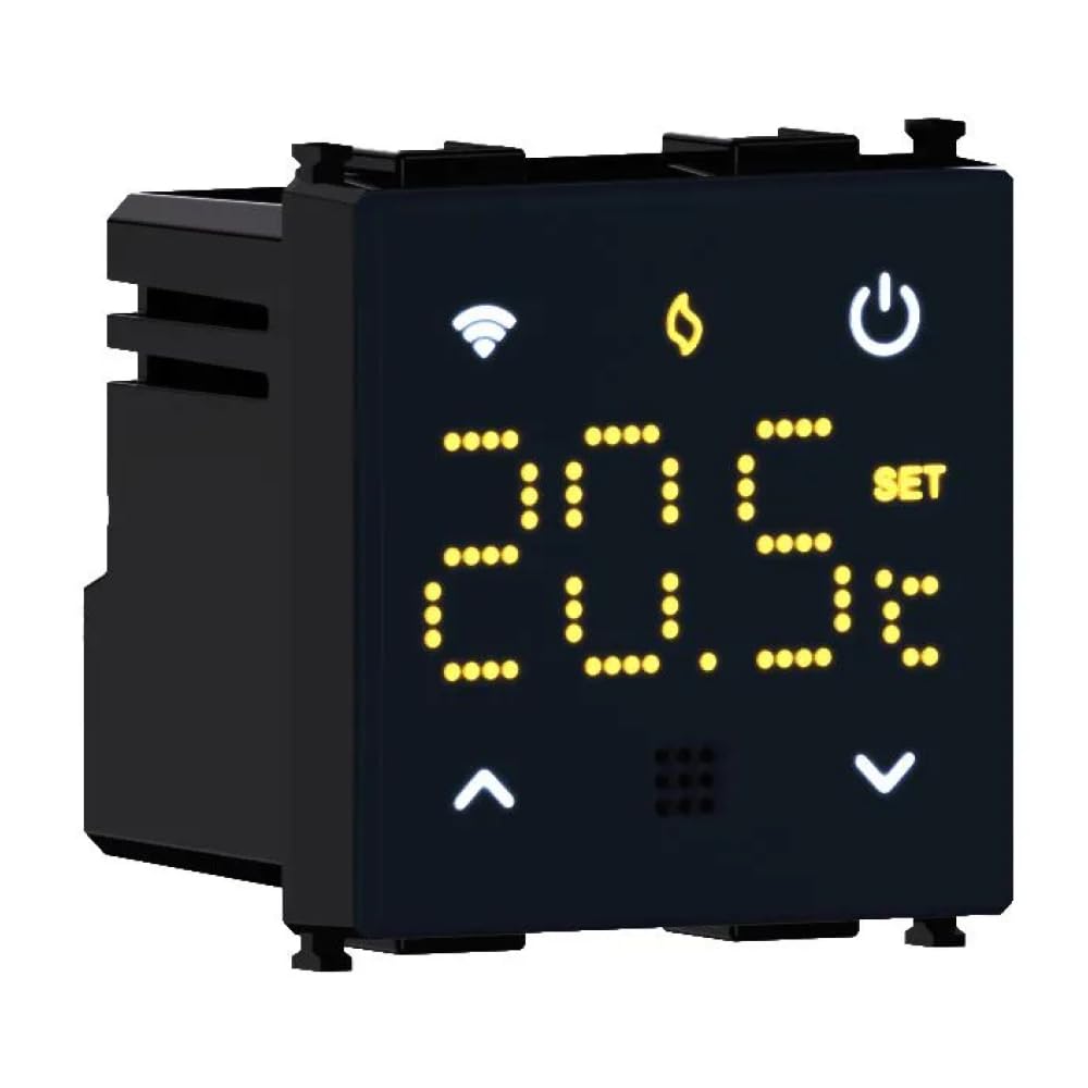 Cronotermostato Smart WiFi compatible con BTicino Living, montaje empotrado, 2 módulos, pantalla táctil LED, color negro, funcionamiento remoto con APP, alimentación 220 V 230 V, caldera, calefacción