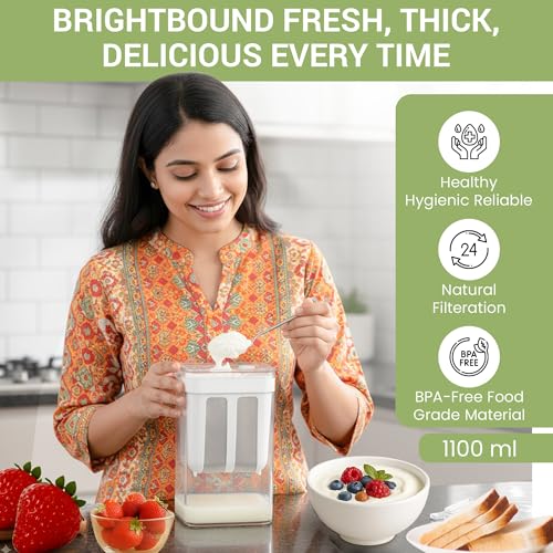 Image of Hung Curd Maker & Greek Yogurt Maker - 1100ml, Fine Mesh Hung Curd Strainer Box with Lid | Multifunctional Yogurt Filter for Thick Dahi, Cheese & More, 10.8x9x17.6 cm, White