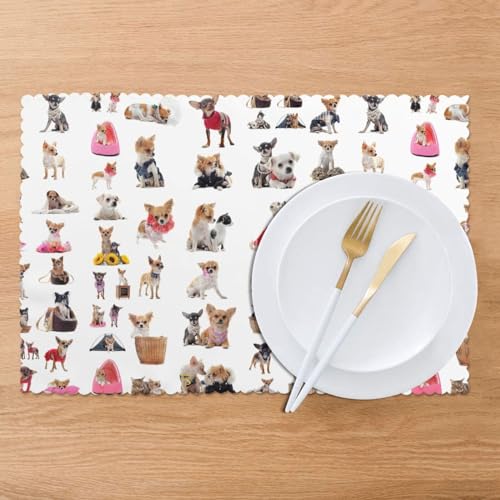 Charmante Tischsets mit Chihuahua-Mopsmuster, für Esstisch, hochtemperaturbeständig, rutschfeste Matten, leicht zu reinigen, 30 x 45 cm, 6 Stück