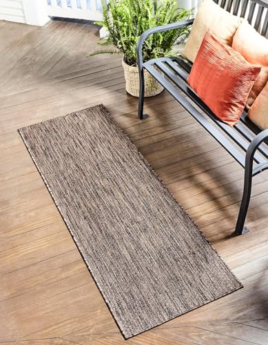 Outdoor solid collection area rug runner 2' x 7' light brown/ivory