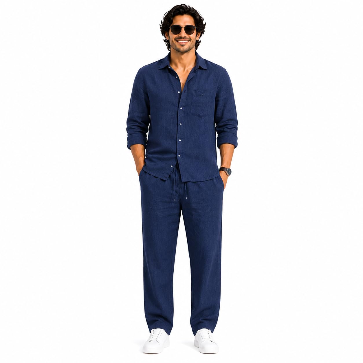 Men's Premium Linen Co-Ord Set | Regular Fit Full Sleeve Solid Shirt with Drawstring Trouser | Breathable Linen Casual Outfit for Summer, Travel, Beach, Vacation & Daily-image-5