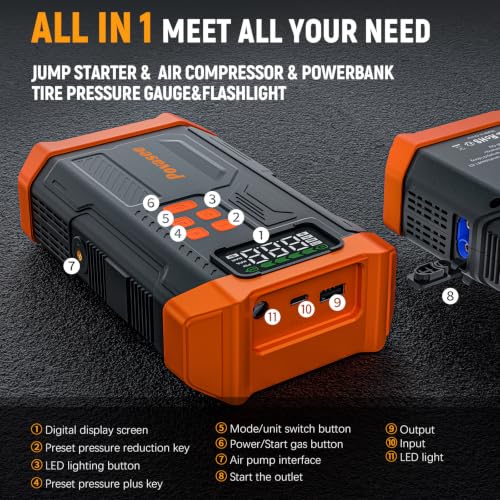 Image of 5000A Jump Starter with Air Compressor,Car Jumper Starter Portable with 150PSI Tire Inflator 12V Jump Box (Up 9L Gas /8L Diesel Engine with LCD Display,Flashlight,Storage Case（Orange
