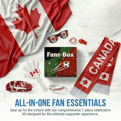 Soccer Fan Gear Set 2026-7 Piece Game Day Kit with Flag, Scarf, Glasses, Whistle, Clapper, Wristband & Headband in Gift Box - Watch Party & Stadium Essentials for Canada by JoyHue - Used condition - Image 3