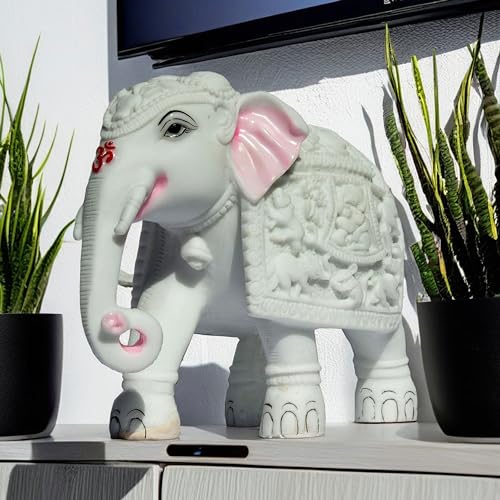 White Elephant Statue Trunk Down Hathi Figurine Big Size 7 inch Elephant Marble Resin Decorative Showpiece for Vastu, Study Room, Work Table, Gifting (7 x 8 inch) — photo — 8 of 9