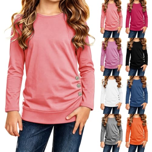 Girls Long Sleeve Shirts Kids Crewneck Knot Front Base Layer Tops Pink - image 1