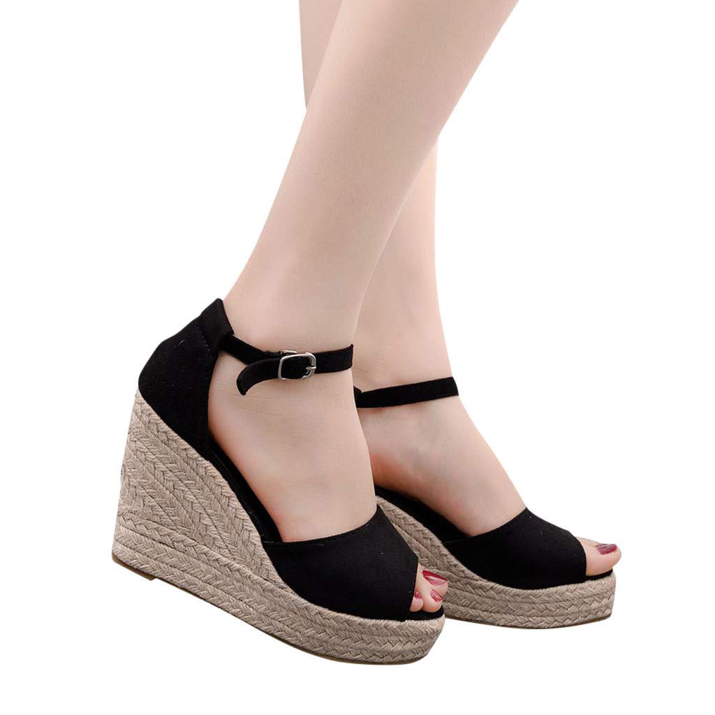 2019 Verano Sandalias Romanas Mujer, Zapato Peep-Toe Con Plataforma Cuña Alpargatas Zapatillas De Boda Fiesta Sandalias De Vestir De Talla Grande 33-44 EU(Negro