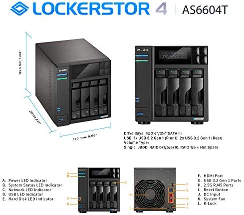 Asustor Lockerstor 4 AS6604T - 4 Bay NAS, Quad-Core 2.0GHz CPU, 2 2.5GbE Ports, 4GB RAM DDR4, 2 M.2 SSD Slots Network Attached Storage (Diskless)