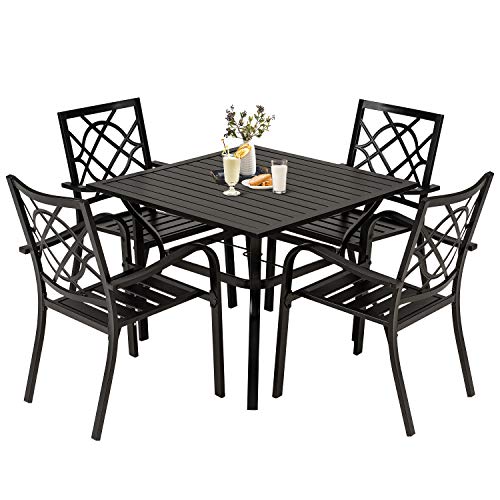 SOLAURA 5-Piece Outdoor Patio Dining Set, 4 Person Outside Table and Chairs Set, Metal Stacked Chairs of 4, Slat Table Top with 1.57″ Umbrella Hole (Black)